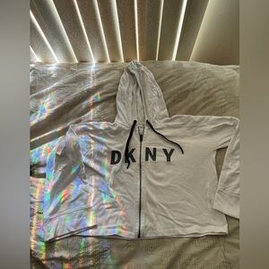 dkny cropped white zip up hoodie wide sleeves white medium